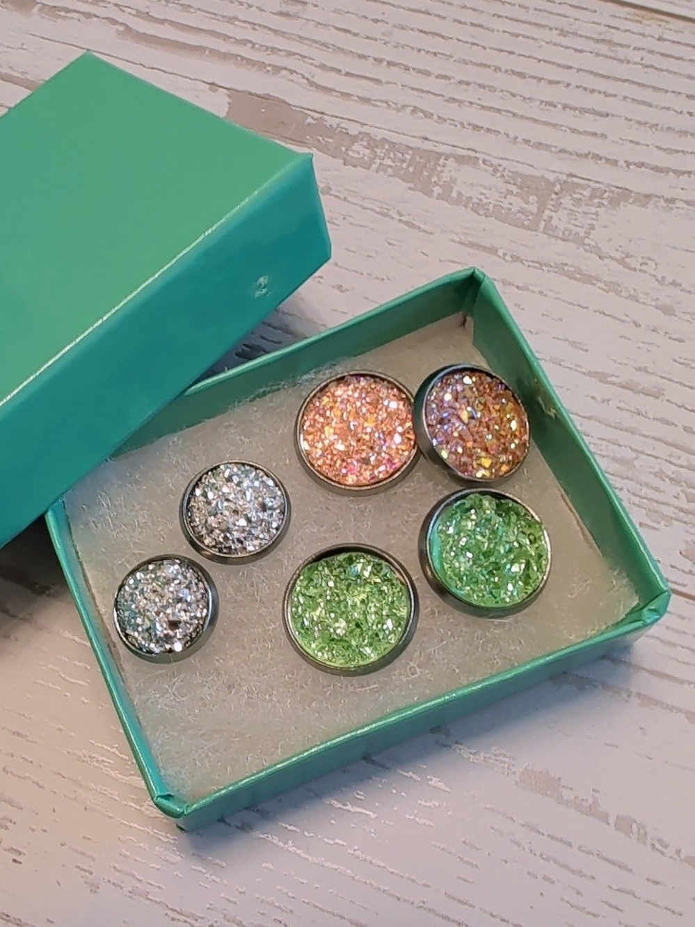 Sparkling Druzy Stud Earring Set in Green, Peach & Silver